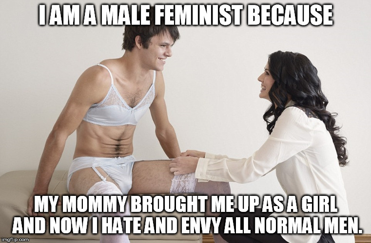 The daughter mommy never had | I AM A MALE FEMINIST BECAUSE; MY MOMMY BROUGHT ME UP AS A GIRL AND NOW I HATE AND ENVY ALL NORMAL MEN. | image tagged in male feminist | made w/ Imgflip meme maker