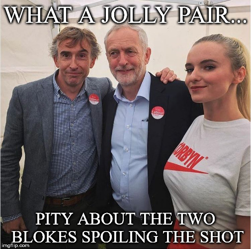 Jeremy Corbyn  | WHAT A JOLLY PAIR... PITY ABOUT THE TWO BLOKES SPOILING THE SHOT | image tagged in jeremy corbyn,boobs,tits | made w/ Imgflip meme maker