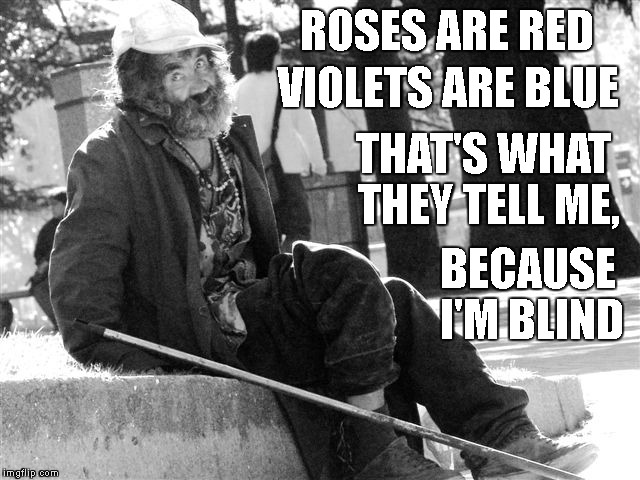  ROSES ARE RED; VIOLETS ARE BLUE; THAT'S WHAT THEY TELL ME, BECAUSE I'M BLIND | image tagged in carry on | made w/ Imgflip meme maker