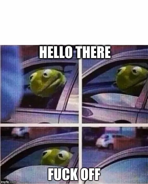 Kermit the frog | HELLO THERE; FUCK OFF | image tagged in kermit the frog | made w/ Imgflip meme maker