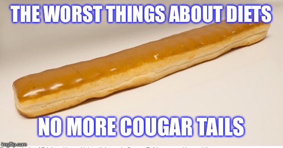 Donuts are the devil |  THE WORST THINGS ABOUT DIETS; NO MORE COUGAR TAILS | image tagged in cougar tail,byu,diets,donuts,doughnuts,dieting | made w/ Imgflip meme maker