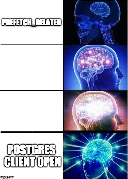 Expanding Brain Meme | PREFETCH_RELATED; POSTGRES CLIENT OPEN | image tagged in memes,expanding brain | made w/ Imgflip meme maker
