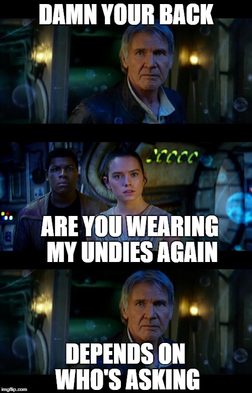 It's True All of It Han Solo Meme | DAMN YOUR BACK; ARE YOU WEARING MY UNDIES AGAIN; DEPENDS ON WHO'S ASKING | image tagged in memes,it's true all of it han solo | made w/ Imgflip meme maker