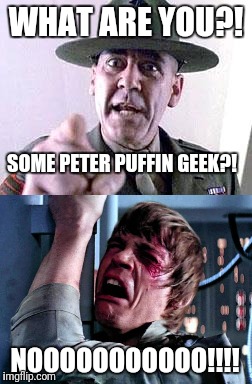 Bullshit i can't hear you!!!!!!! | WHAT ARE YOU?! SOME PETER PUFFIN GEEK?! NOOOOOOOOOOO!!!! | image tagged in luke skywalker,geek week,full metal jacket,memes | made w/ Imgflip meme maker