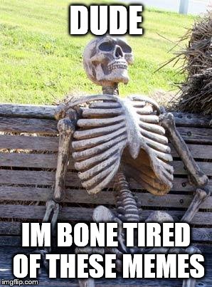 Waiting Skeleton Meme | DUDE IM BONE TIRED OF THESE MEMES | image tagged in memes,waiting skeleton | made w/ Imgflip meme maker