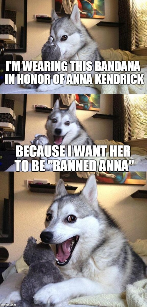 Bad Pun Dog Meme | I'M WEARING THIS BANDANA IN HONOR OF ANNA KENDRICK; BECAUSE I WANT HER TO BE "BANNED ANNA" | image tagged in memes,bad pun dog | made w/ Imgflip meme maker