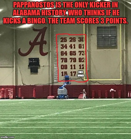 Alabama Crimson Tide Pappanostos 3 point Bingo | PAPPANOSTOS IS THE ONLY KICKER IN ALABAMA HISTORY. WHO THINKS IF HE KICKS A BINGO. THE TEAM SCORES 3 POINTS. FREE SPACE | image tagged in sec,college football,sports humor,university of alabama,roll tide,2018 college football national championship | made w/ Imgflip meme maker