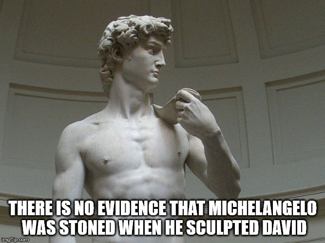 THERE IS NO EVIDENCE THAT MICHELANGELO WAS STONED WHEN HE SCULPTED DAVID | image tagged in took it for granite | made w/ Imgflip meme maker
