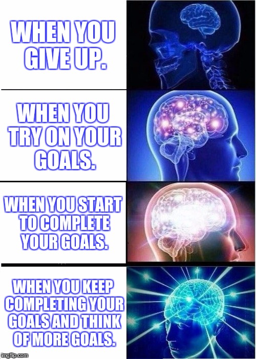 Expanding Brain | WHEN YOU GIVE UP. WHEN YOU TRY ON YOUR GOALS. WHEN YOU START TO COMPLETE YOUR GOALS. WHEN YOU KEEP COMPLETING YOUR GOALS AND THINK OF MORE GOALS. | image tagged in memes,expanding brain | made w/ Imgflip meme maker