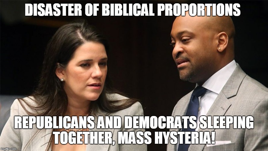 Disaster of Biblical Proportions | DISASTER OF BIBLICAL PROPORTIONS; REPUBLICANS AND DEMOCRATS SLEEPING TOGETHER, MASS HYSTERIA! | image tagged in miami vice | made w/ Imgflip meme maker