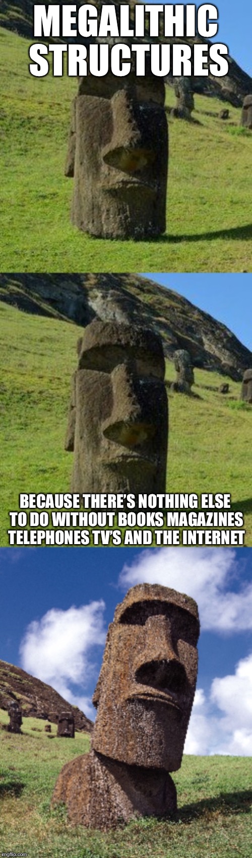 Bad Pun Moai | MEGALITHIC STRUCTURES; BECAUSE THERE’S NOTHING ELSE TO DO WITHOUT BOOKS MAGAZINES TELEPHONES TV’S AND THE INTERNET | image tagged in bad pun moai,memes,ancient,so true | made w/ Imgflip meme maker