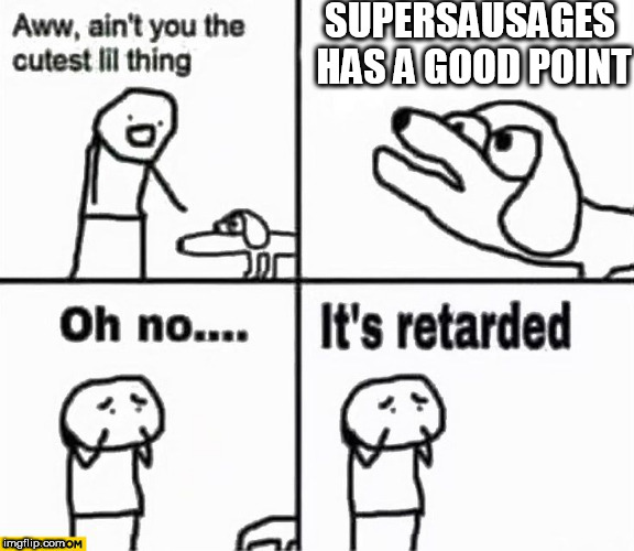 Oh no it's retarded! | SUPERSAUSAGES HAS A GOOD POINT | image tagged in oh no it's retarded | made w/ Imgflip meme maker