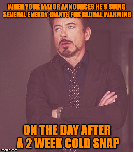 The Face You Make | WHEN YOUR MAYOR ANNOUNCES HE'S SUING SEVERAL ENERGY GIANTS FOR GLOBAL WARMING; ON THE DAY AFTER A 2 WEEK COLD SNAP | image tagged in memes,global warming,new york city | made w/ Imgflip meme maker