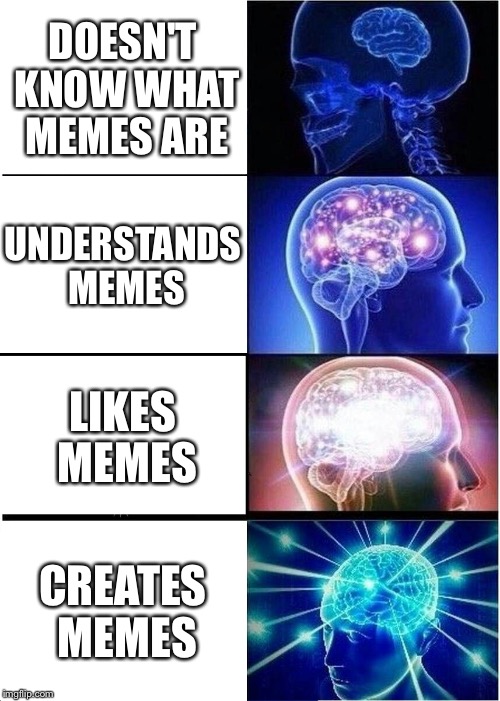 Expanding Brain Meme | DOESN'T KNOW WHAT MEMES ARE; UNDERSTANDS MEMES; LIKES MEMES; CREATES MEMES | image tagged in memes,expanding brain | made w/ Imgflip meme maker