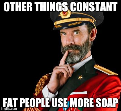 captain obvious | OTHER THINGS CONSTANT; FAT PEOPLE USE MORE SOAP | image tagged in captain obvious | made w/ Imgflip meme maker
