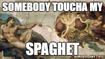 Somebody toucha my spaghett | SOMEBODY TOUCHA MY; SPAGHET | image tagged in spaghetti,touch | made w/ Imgflip meme maker