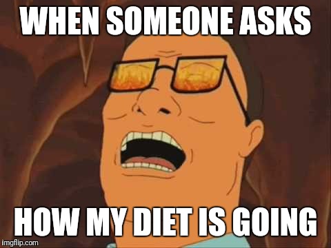 hank hill fire | WHEN SOMEONE ASKS; HOW MY DIET IS GOING | image tagged in hank hill fire | made w/ Imgflip meme maker
