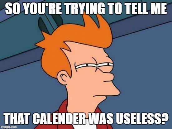 Futurama Fry | SO YOU'RE TRYING TO TELL ME; THAT CALENDER WAS USELESS? | image tagged in memes,futurama fry | made w/ Imgflip meme maker