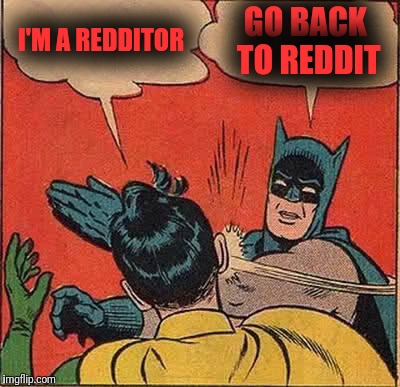 Batman Slapping Robin Meme | I'M A REDDITOR GO BACK TO REDDIT | image tagged in memes,batman slapping robin | made w/ Imgflip meme maker