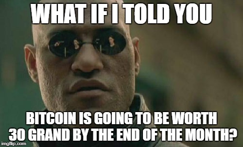 Matrix Morpheus Meme | WHAT IF I TOLD YOU; BITCOIN IS GOING TO BE WORTH 30 GRAND BY THE END OF THE MONTH? | image tagged in memes,matrix morpheus | made w/ Imgflip meme maker