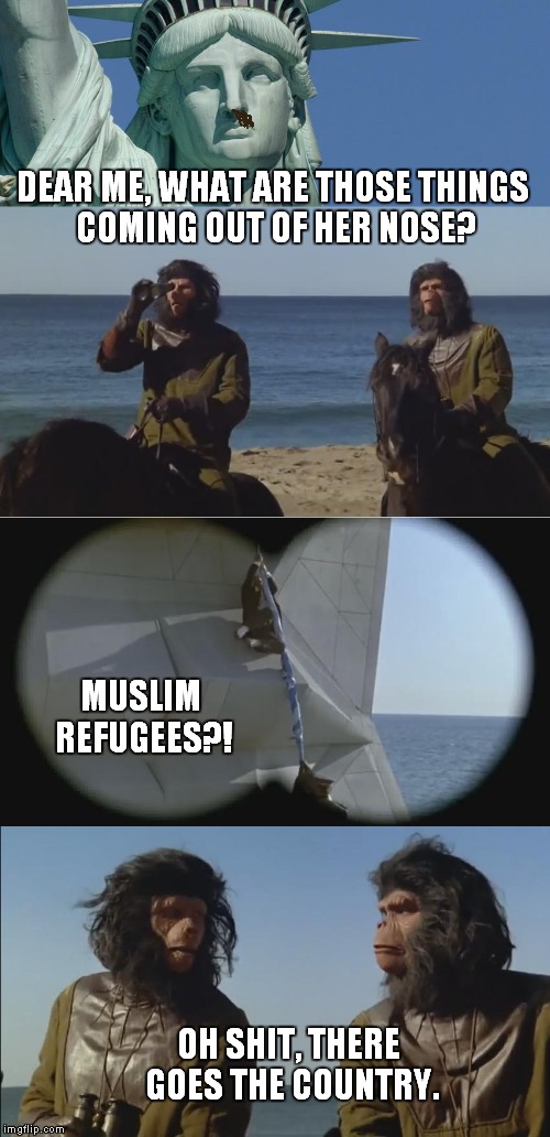 Planet Of The Apes | DEAR ME, WHAT ARE THOSE THINGS COMING OUT OF HER NOSE? MUSLIM REFUGEES?! OH SHIT, THERE GOES THE COUNTRY. | image tagged in spaceballs,planet of the apes,parody,muslim,refugee,meme | made w/ Imgflip meme maker
