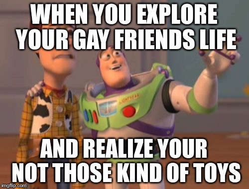 X, X Everywhere Meme | WHEN YOU EXPLORE YOUR GAY FRIENDS LIFE; AND REALIZE YOUR NOT THOSE KIND OF TOYS | image tagged in memes,x x everywhere | made w/ Imgflip meme maker