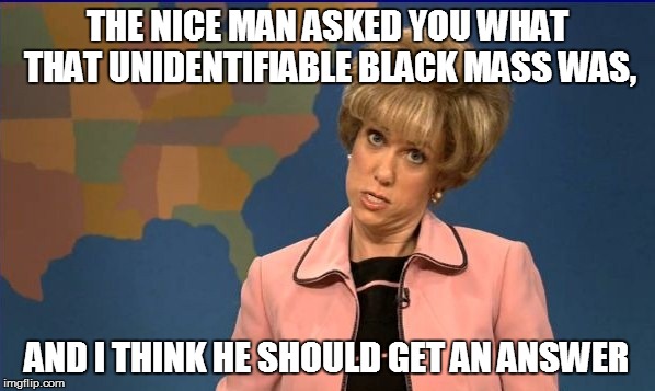 THE NICE MAN ASKED YOU WHAT THAT UNIDENTIFIABLE BLACK MASS WAS, AND I THINK HE SHOULD GET AN ANSWER | made w/ Imgflip meme maker