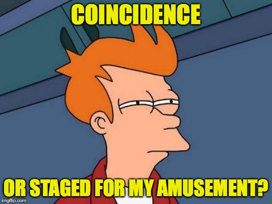 Futurama Fry Meme | COINCIDENCE OR STAGED FOR MY AMUSEMENT? | image tagged in memes,futurama fry | made w/ Imgflip meme maker
