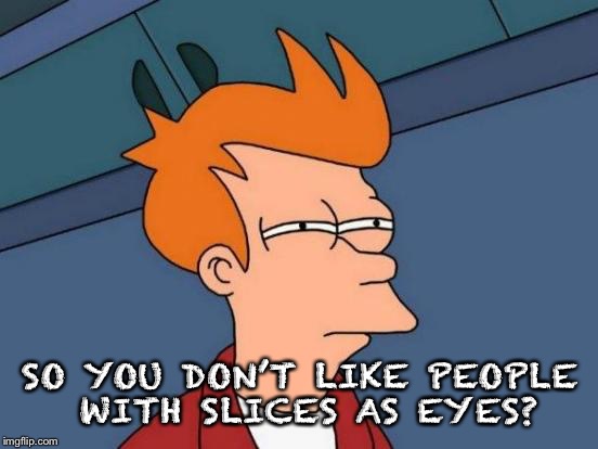 Futurama Fry Meme | SO YOU DON’T LIKE PEOPLE WITH SLICES AS EYES? | image tagged in memes,futurama fry | made w/ Imgflip meme maker