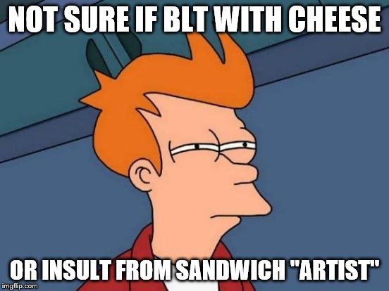 Futurama Fry Meme | NOT SURE IF BLT WITH CHEESE OR INSULT FROM SANDWICH "ARTIST" | image tagged in memes,futurama fry | made w/ Imgflip meme maker