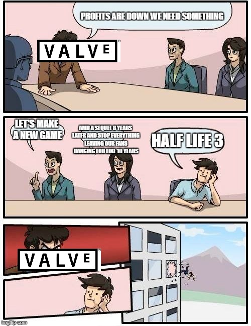 Boardroom Meeting Suggestion | PROFITS ARE DOWN WE NEED SOMETHING; AMD A SEQUEL 8 YEARS LATER AND STOP EVERYTHING LEAVING OUR FANS HANGING FOR LIKE 10 YEARS; LET'S MAKE A NEW GAME; HALF LIFE 3 | image tagged in memes,boardroom meeting suggestion | made w/ Imgflip meme maker