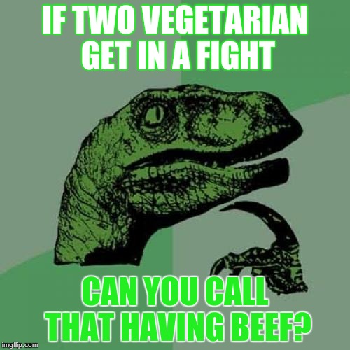 Vegan in a nutshell | IF TWO VEGETARIAN GET IN A FIGHT; CAN YOU CALL THAT HAVING BEEF? | image tagged in memes,philosoraptor,vegetarian,vegan,veganism | made w/ Imgflip meme maker