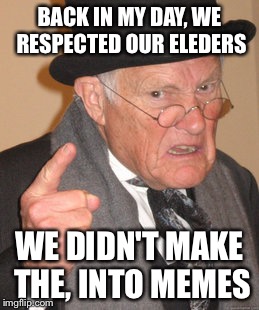Actually, they didn't even have memes | BACK IN MY DAY, WE RESPECTED OUR ELEDERS; WE DIDN'T MAKE THE, INTO MEMES | image tagged in memes,back in my day | made w/ Imgflip meme maker