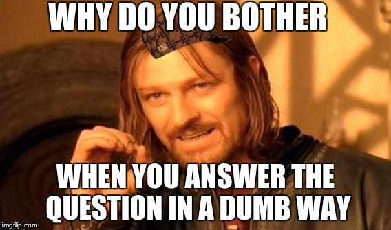 One Does Not Simply Meme | WHY DO YOU BOTHER; WHEN YOU ANSWER THE QUESTION IN A DUMB WAY | image tagged in memes,one does not simply,scumbag | made w/ Imgflip meme maker