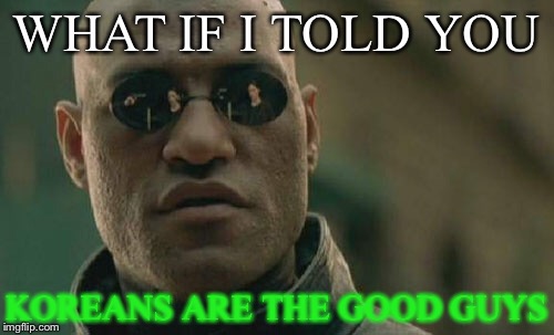 Matrix Morpheus | WHAT IF I TOLD YOU; KOREANS ARE THE GOOD GUYS | image tagged in memes,matrix morpheus | made w/ Imgflip meme maker