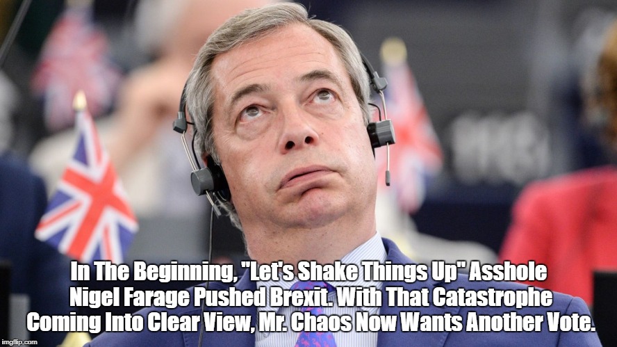 In The Beginning, "Let's Shake Things Up" Asshole Nigel Farage Pushed Brexit. With That Catastrophe Coming Into Clear View, Mr. Chaos Now Wa | made w/ Imgflip meme maker