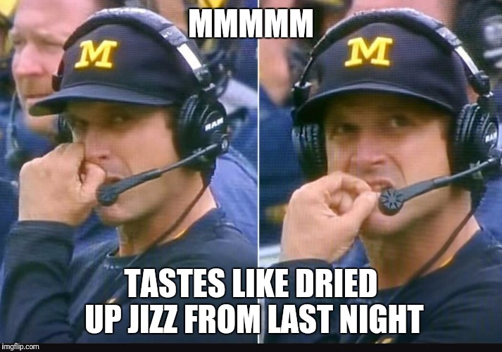 Harbaugh | MMMMM; TASTES LIKE DRIED UP JIZZ FROM LAST NIGHT | image tagged in harbaugh | made w/ Imgflip meme maker