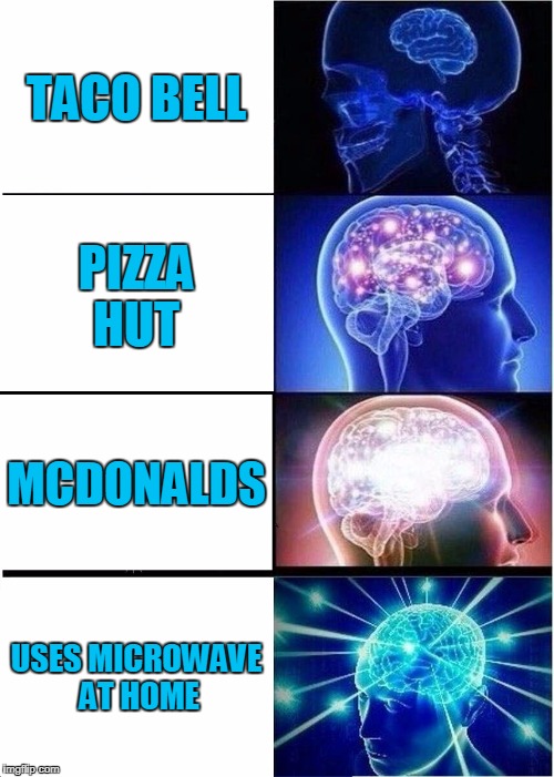 Expanding Brain Meme | TACO BELL; PIZZA HUT; MCDONALDS; USES MICROWAVE AT HOME | image tagged in memes,expanding brain | made w/ Imgflip meme maker