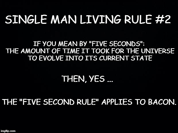 Black background | SINGLE MAN LIVING RULE #2; IF YOU MEAN BY "FIVE SECONDS": THE AMOUNT OF TIME IT TOOK FOR THE UNIVERSE TO EVOLVE INTO ITS CURRENT STATE; THEN, YES ... THE "FIVE SECOND RULE" APPLIES TO BACON. | image tagged in black background | made w/ Imgflip meme maker