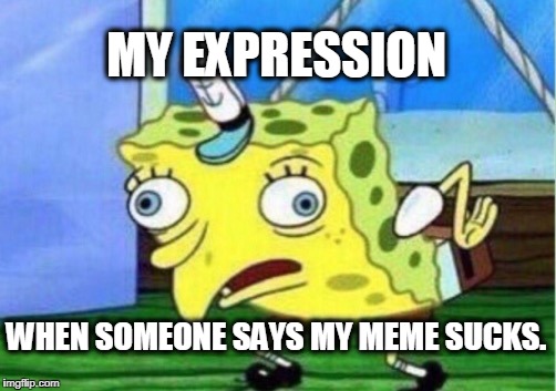Mocking Spongebob Meme | MY EXPRESSION; WHEN SOMEONE SAYS MY MEME SUCKS. | image tagged in memes,mocking spongebob | made w/ Imgflip meme maker
