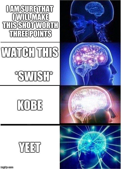 Expanding Brain | I AM SURE THAT I WILL MAKE THIS SHOT WORTH THREE POINTS; WATCH THIS        

*SWISH*; KOBE; YEET | image tagged in memes,expanding brain | made w/ Imgflip meme maker