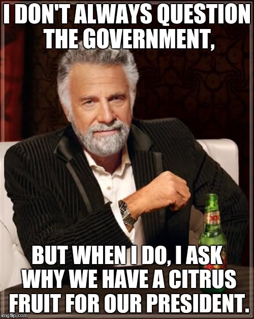 The Most Interesting Man In The World Meme | I DON'T ALWAYS QUESTION THE GOVERNMENT, BUT WHEN I DO, I ASK WHY WE HAVE A CITRUS FRUIT FOR OUR PRESIDENT. | image tagged in memes,the most interesting man in the world | made w/ Imgflip meme maker