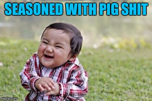 Evil Toddler Meme | SEASONED WITH PIG SHIT | image tagged in memes,evil toddler | made w/ Imgflip meme maker