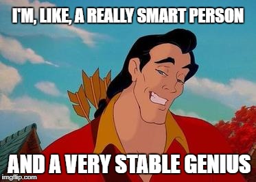 Really smart like Gaston | I'M, LIKE, A REALLY SMART PERSON; AND A VERY STABLE GENIUS | image tagged in smart,trump,genius,stable genius,disney,beauty and the beast | made w/ Imgflip meme maker