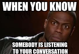 Kevin Hart Meme | WHEN YOU KNOW; SOMEBODY IS LISTENING TO YOUR CONVERSATION | image tagged in memes,kevin hart the hell | made w/ Imgflip meme maker