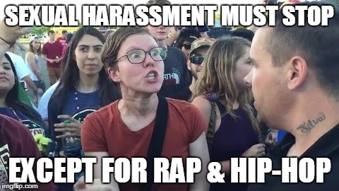 SJW Warning | SEXUAL HARASSMENT MUST STOP; EXCEPT FOR RAP & HIP-HOP | image tagged in sjw warning | made w/ Imgflip meme maker