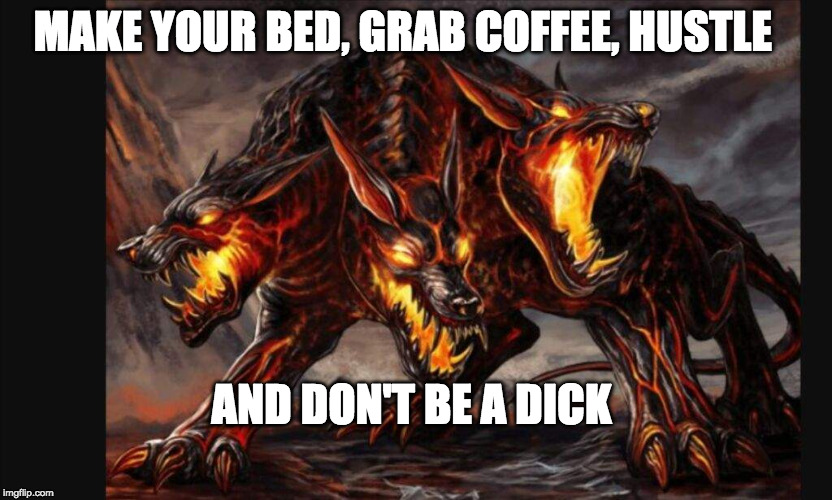 MAKE YOUR BED, GRAB COFFEE, HUSTLE; AND DON'T BE A DICK | image tagged in the starving dog | made w/ Imgflip meme maker