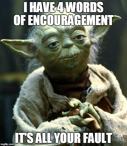 Star Wars Yoda | I HAVE 4 WORDS OF ENCOURAGEMENT; IT'S ALL YOUR FAULT | image tagged in memes,star wars yoda,encouragement | made w/ Imgflip meme maker