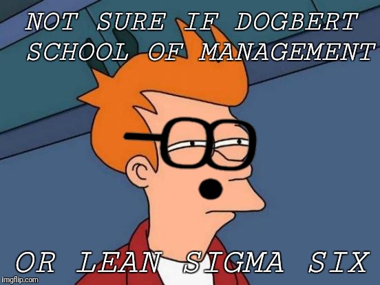 Futurama Fry Meme | NOT SURE IF DOGBERT SCHOOL OF MANAGEMENT OR LEAN SIGMA SIX | image tagged in memes,futurama fry | made w/ Imgflip meme maker