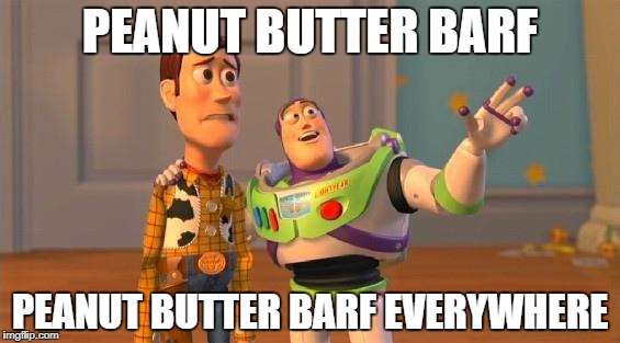 Buzz And Woody | PEANUT BUTTER BARF; PEANUT BUTTER BARF EVERYWHERE | image tagged in buzz and woody,AdviceAnimals | made w/ Imgflip meme maker